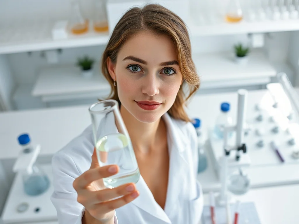 Pracownica laboratorium trzymająca próbkę wody w szklanej fiolce w profesjonalnym otoczeniu badawczym.
