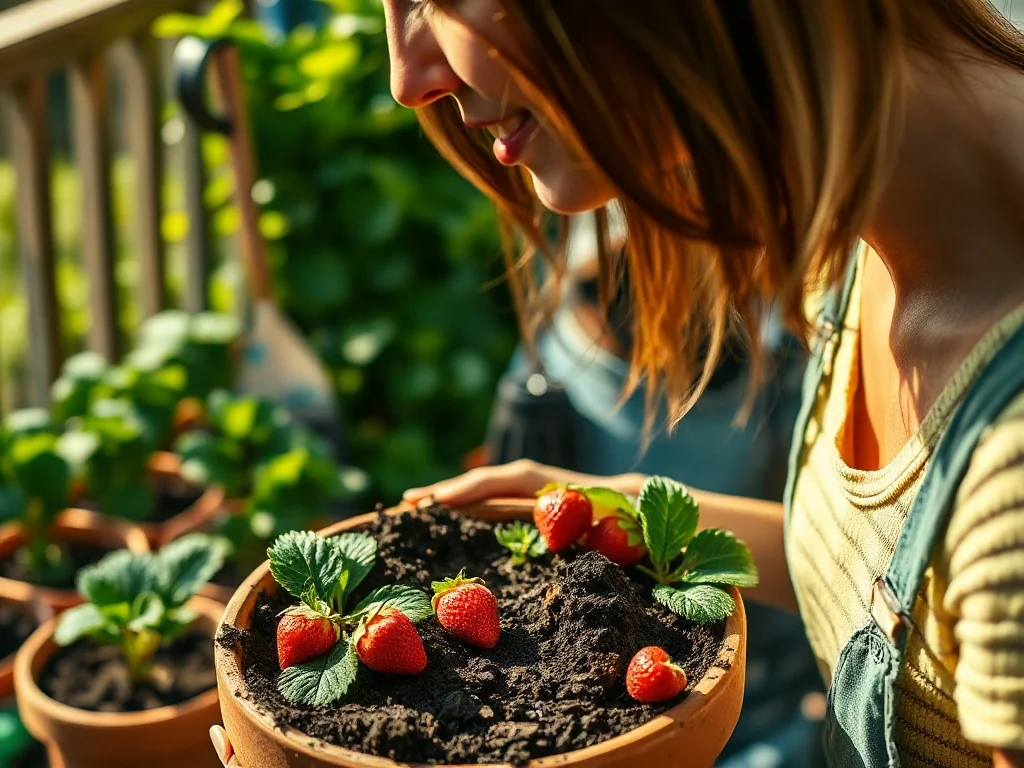 Kobieta sadzi sadzonki truskawek do terakotowej doniczki z żyzną ziemią na słonecznym balkonie.