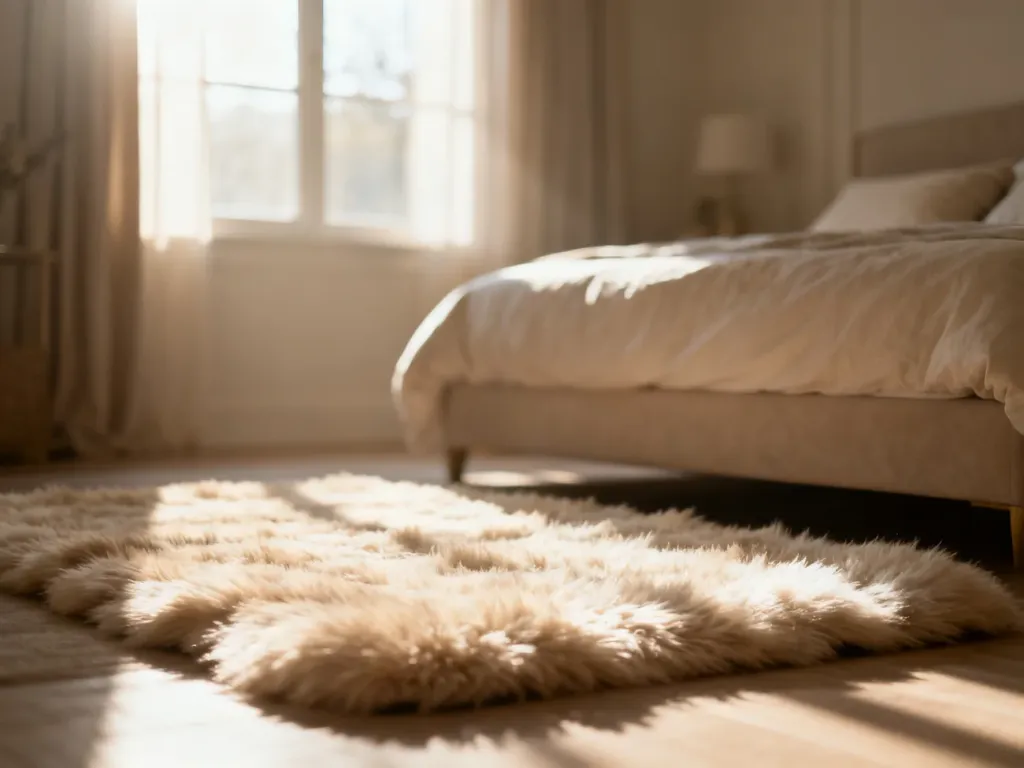 Przytulna sypialnia z miękkim, beżowym dywanem typu shaggy przy łóżku, tworząca spokojną i ciepłą atmosferę.
