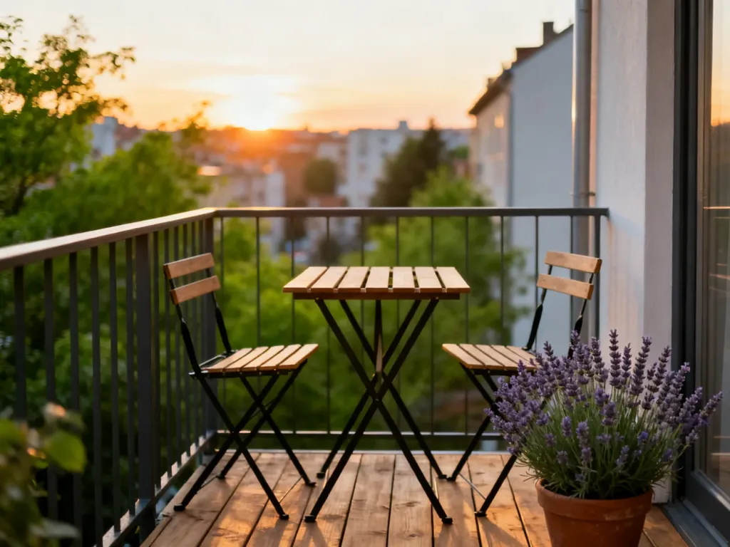 Przytulny balkon z drewnianym stolikiem, krzesłami i lawendą w doniczce na tle zachodzącego słońca.