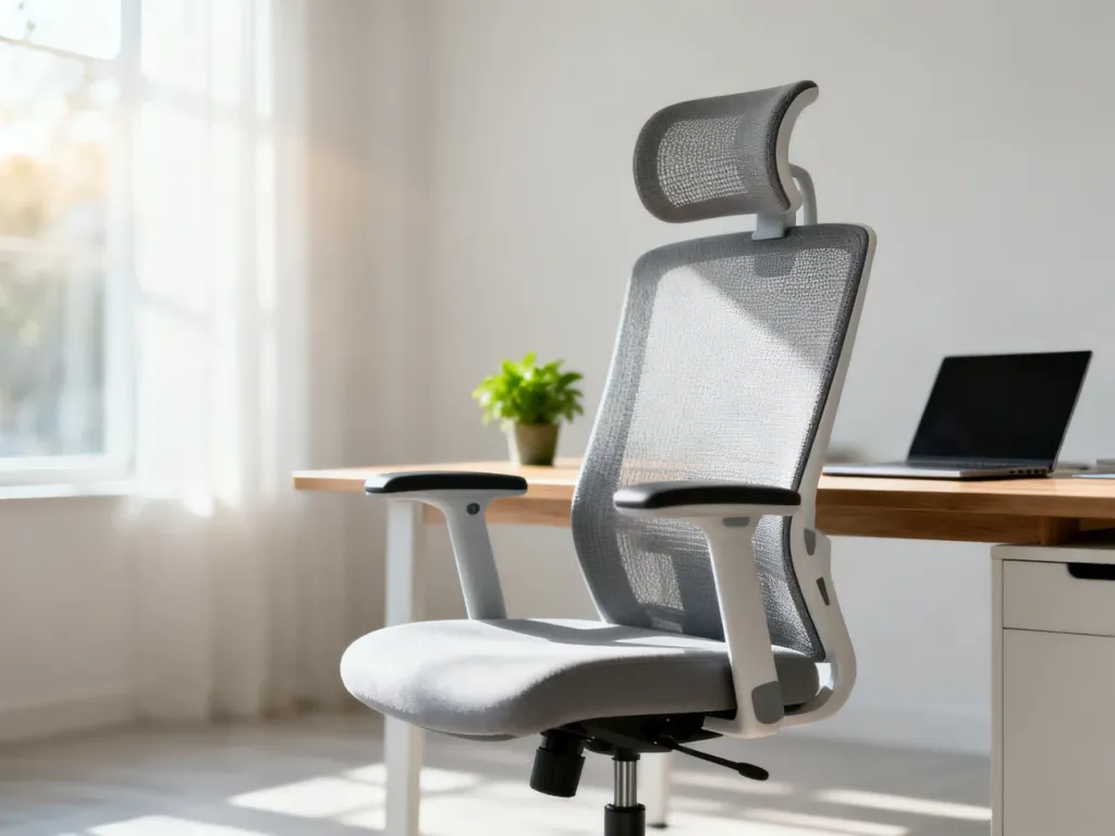 Nowoczesny fotel ergonomiczny z siatkowym oparciem w jasnym, minimalistycznym biurze domowym.