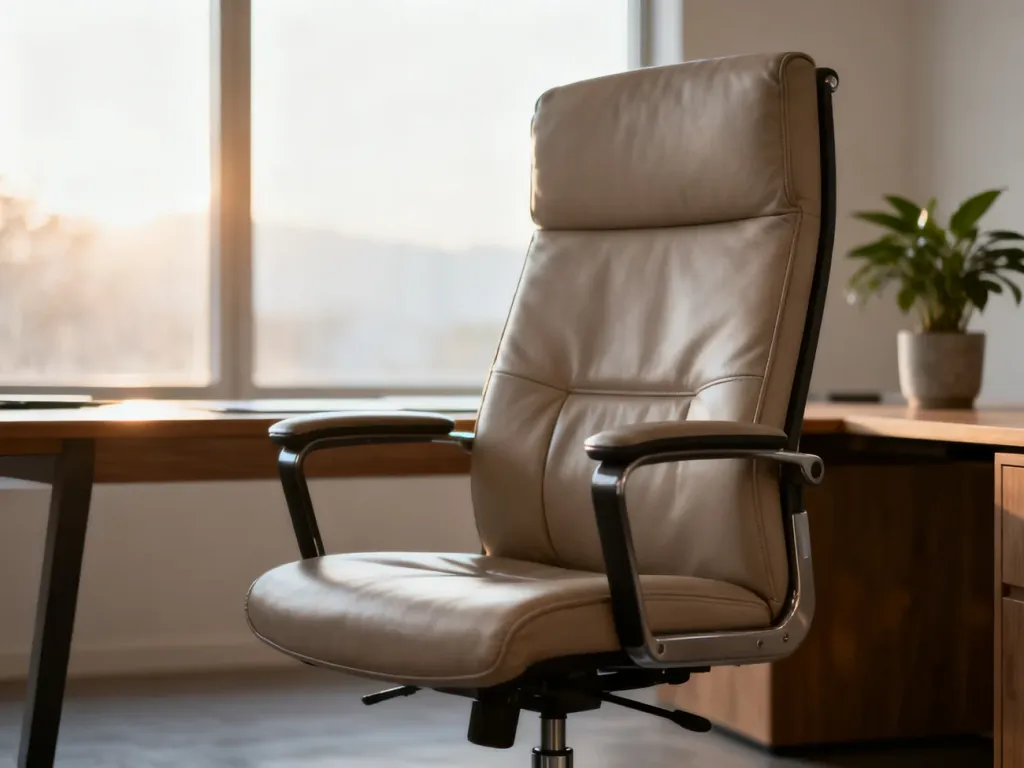 Ergonomiczne krzesło biurowe z regulowanymi podłokietnikami w nowoczesnym, minimalistycznym domowym biurze.