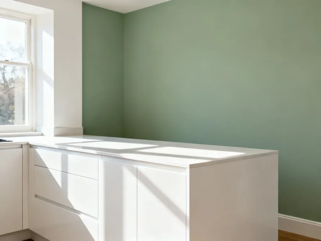 Nowoczesna biała zabudowa kuchenna na tle ściany w odcieniu szałwiowej zieleni, wypełniona naturalnym światłem.