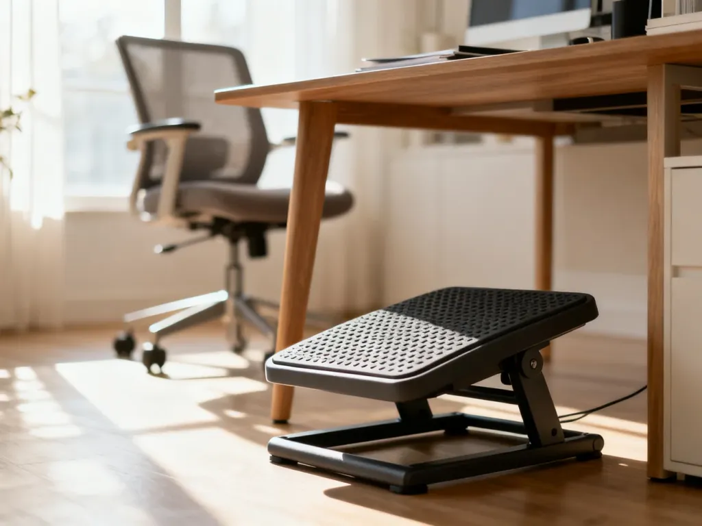 Ergonomiczny podnóżek biurowy pod drewnianym biurkiem w jasnym, minimalistycznym domowym gabinecie.