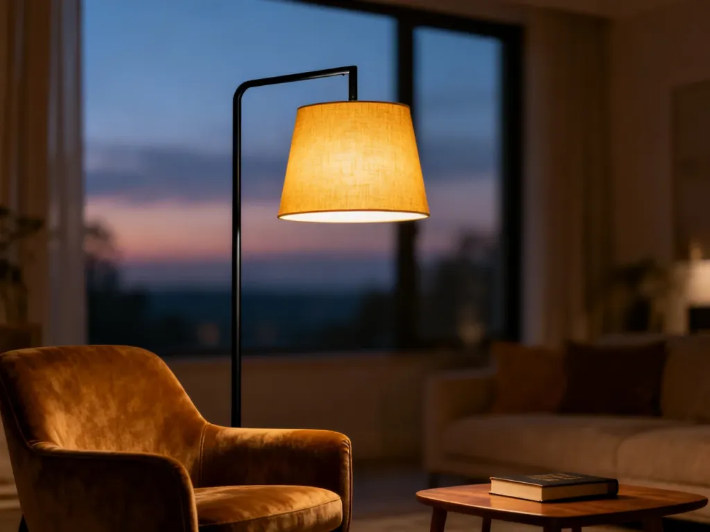 Nowoczesna czarna lampa podłogowa z ciepłym światłem, tworząca przytulny nastrój w minimalistycznym salonie.