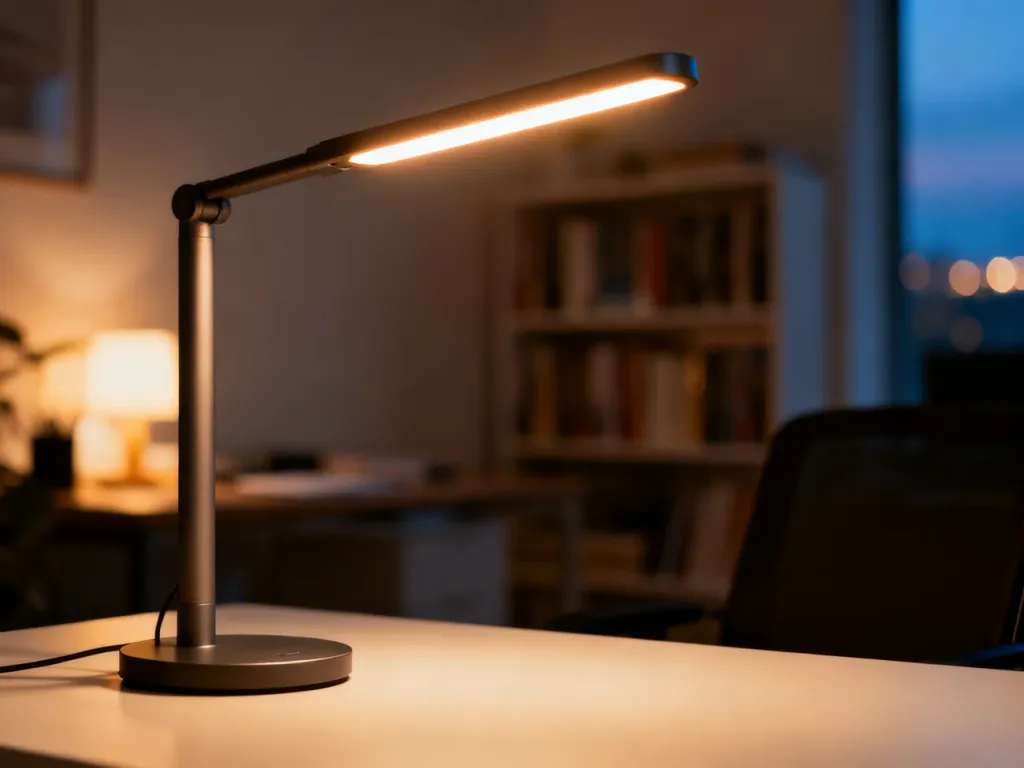 Nowoczesna lampa LED na biurku, zapewniająca ciepłe oświetlenie w przytulnym domowym biurze sprzyjającym pracy.
