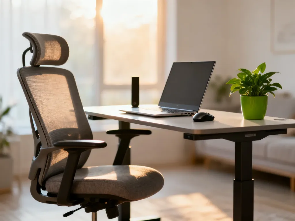 Nowoczesne, ergonomiczne stanowisko pracy z biurkiem z regulacją wysokości, wygodnym fotelem i rośliną w słonecznym wnętrzu.